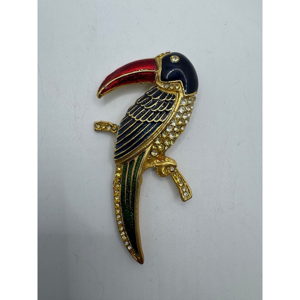 Vintage Toucan Bird Brooch Enamel Rhinestone Gold Tone Tropical Figural Pin